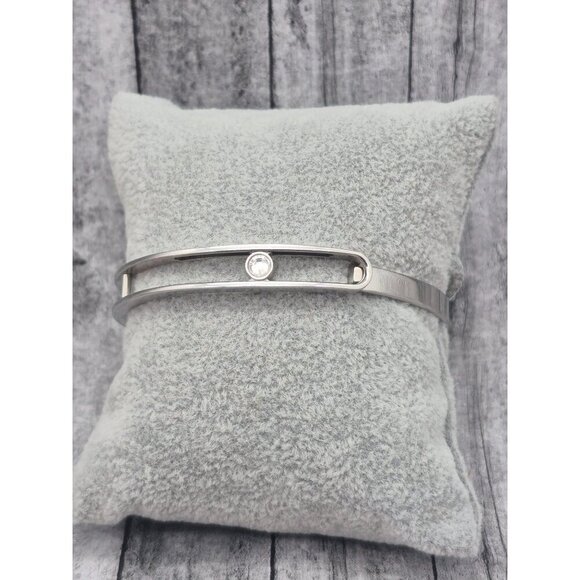 Silver Stainless Steel Hinged Bangle Bracelet with Sliding Clear Crystal Accent - Picture 5 of 11